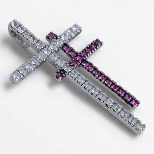 Vintage Large Double Cross Pendant Cubic Zirconia Ruby Crystal 2 1/8 Inch 7.3g